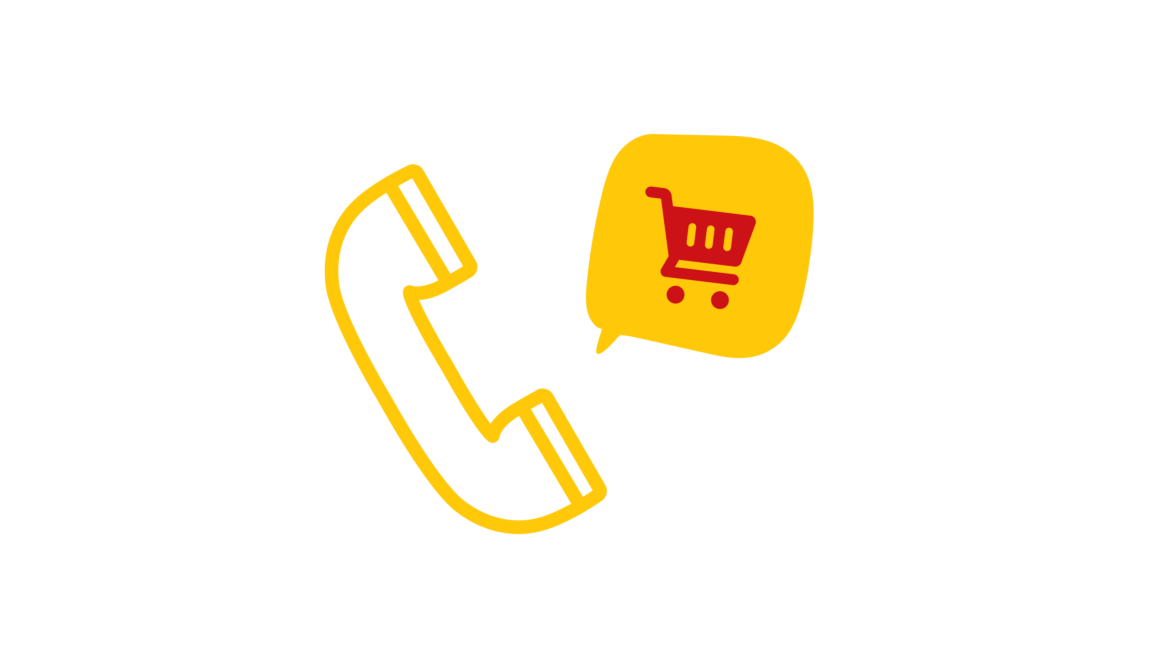 Neben einem gelben Telefonhörer ist eine Sprechblase mit einem roten Einkaufswagen abgebildet.